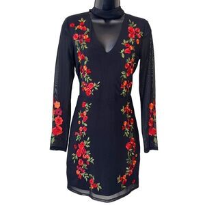 Bebe Mock Neck Floral Embroidered Mesh Dress